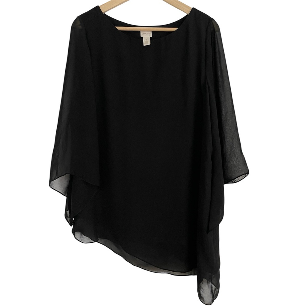 Chico's Blouse Classic Black Sheer Top Asymmetrical Poncho Layered Flowy‎ Shirt